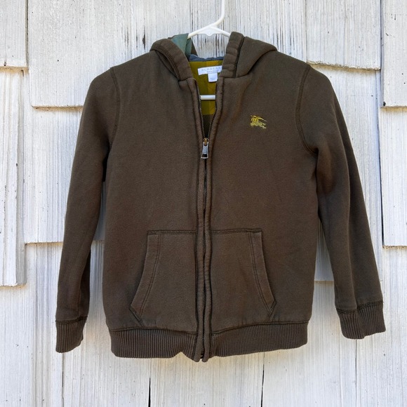 Burberry Childrens Zip Up Hoodie Brown Plaid Lined‎ Logo Emblem Kids Size 10